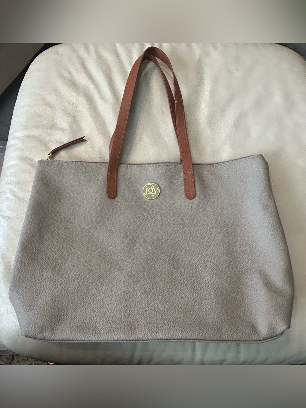 Joy Mangano Taupe Leather Tote Bag with Brown